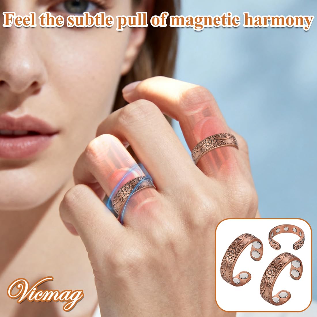 Vicmag 2PCS Magnetic Copper Rings for Women & Men,99.99% Pure Copper Ring with 9X Magnets Gift Adjustable(9X Plum)