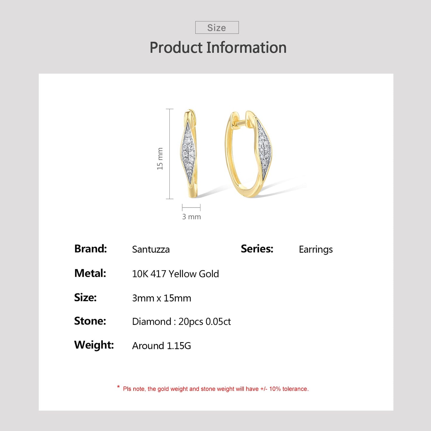 Santuzza 10K Yellow Solid Gold Marquise Shape Earrings Genuine Diamond Simple Huggie Hoop Earrings for Women