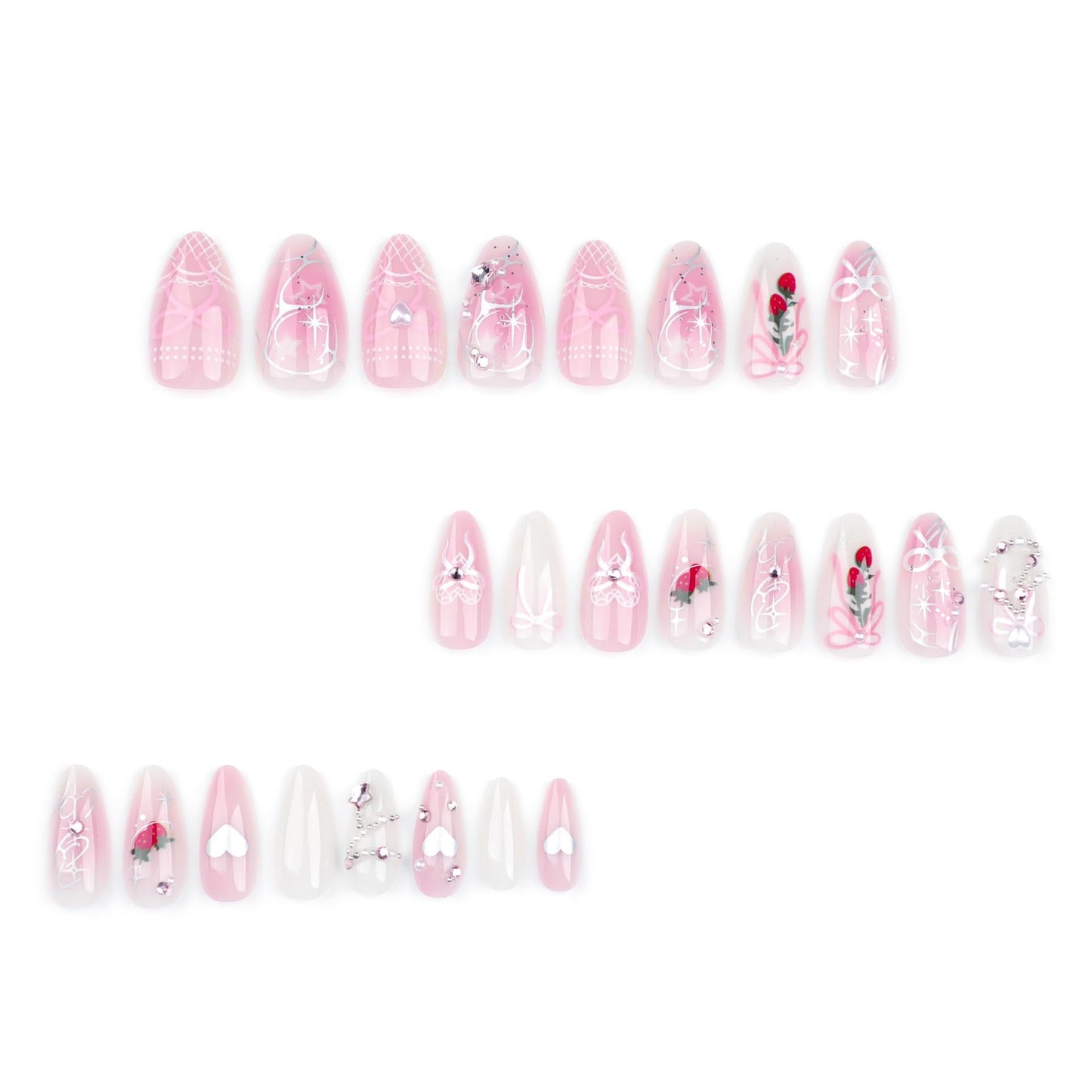 CTTHNBD Press on Nails Almond - Medium Fake Nails with Bow Strawberry Design - Ombre Pink False Nails for Women 24 Pcs