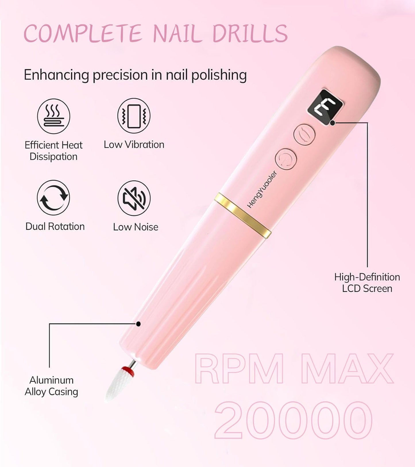 HengYuaoler Electric Nail Drill Machine File Efile Set for Acrylic Gel Nails Portable Nail Drill Machine Kit Rechargeable Pedicure Tools for Hand Feet Manicure Pedicure Tools Polishing Set (Pink)