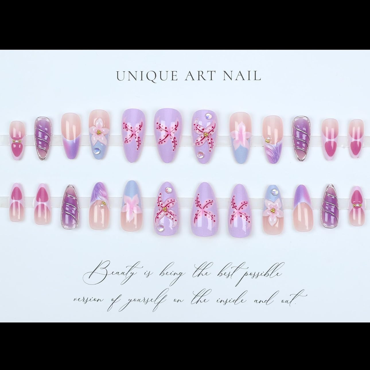 LPOODDNU Purple Pink Press on Nails Almond - Medium 3D Embossed Flower Fake Nails with Pearl Designs, Glossy Finished Reusable False Nails with Adhesive Glue Tabs - 24Pcs Nail Kit for Women Manicure
