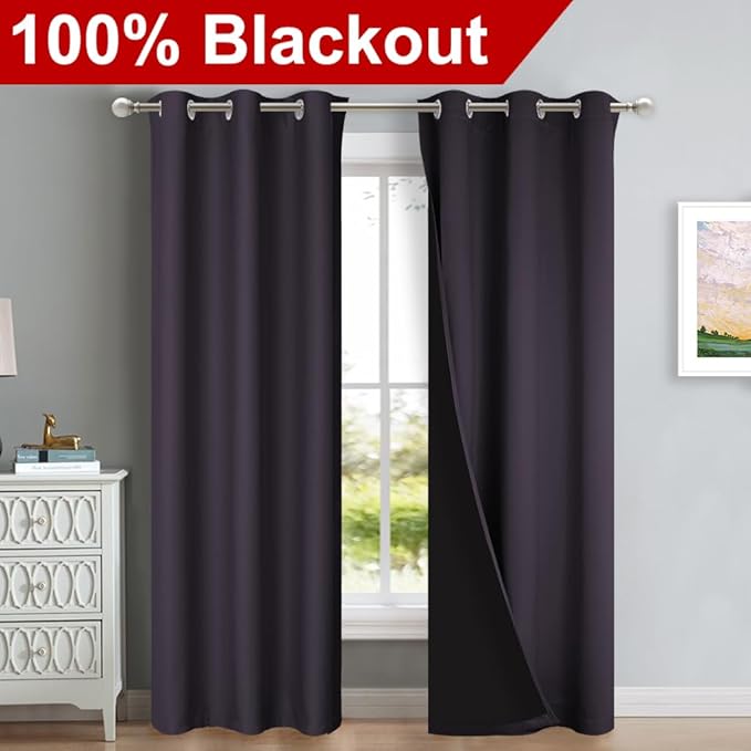 NICETOWN Full Shade Curtain Panels, 37" Wide x 80" Long, Greyish Purple, Pair of Thermal Insulated & Energy Efficiency Blackout Drapes for Living Room, Lined Silky Performance Window Dressing