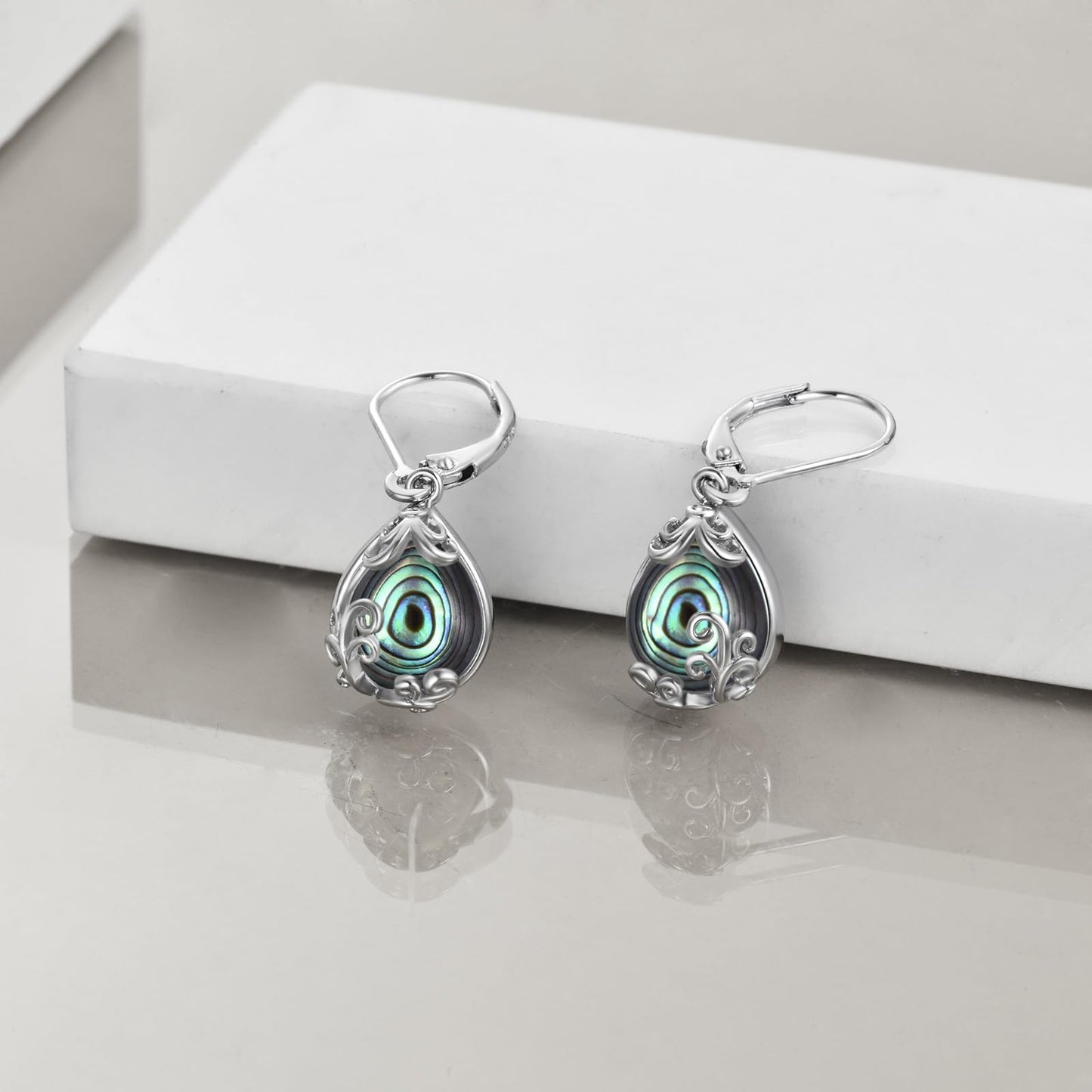 POPLYKE Abalone Shell Filigree Teardrop Drop Dangle Earrings Sterling Silver Leverback Earrings Jewelry for Women
