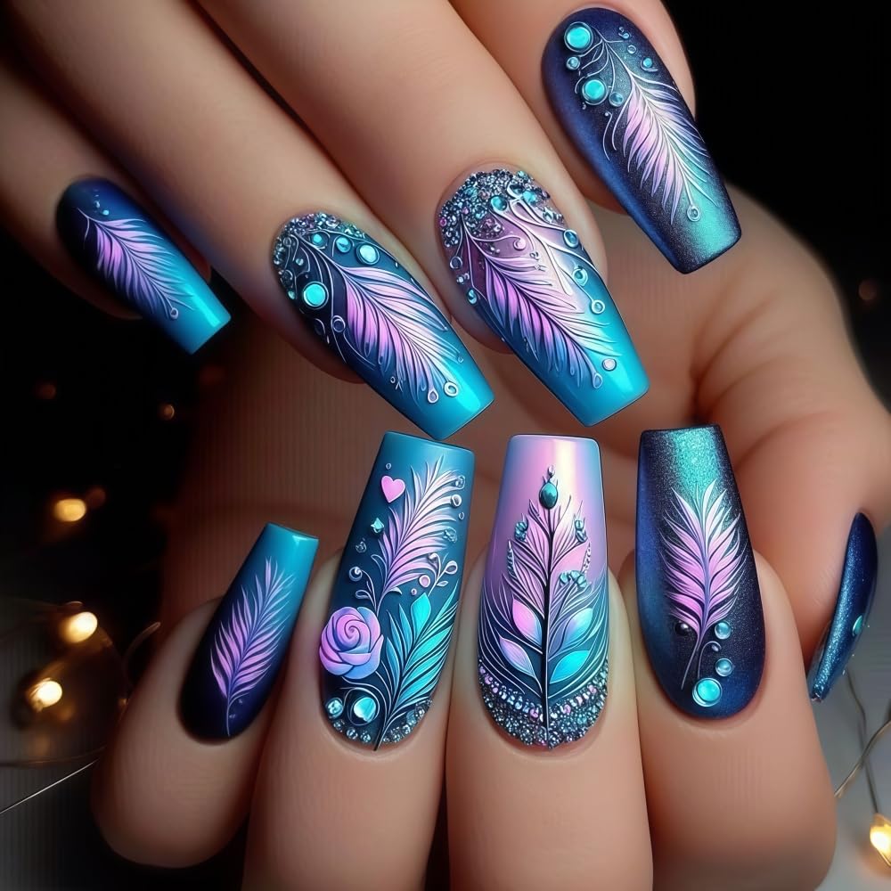 Square Ombre Press on Nails Set - Blue Purple Gradient Feather Pattern Fake Nails with Glue on Nail Acrylic False Nails Glossy Full Cover Stick on Nail for Women 24PCS