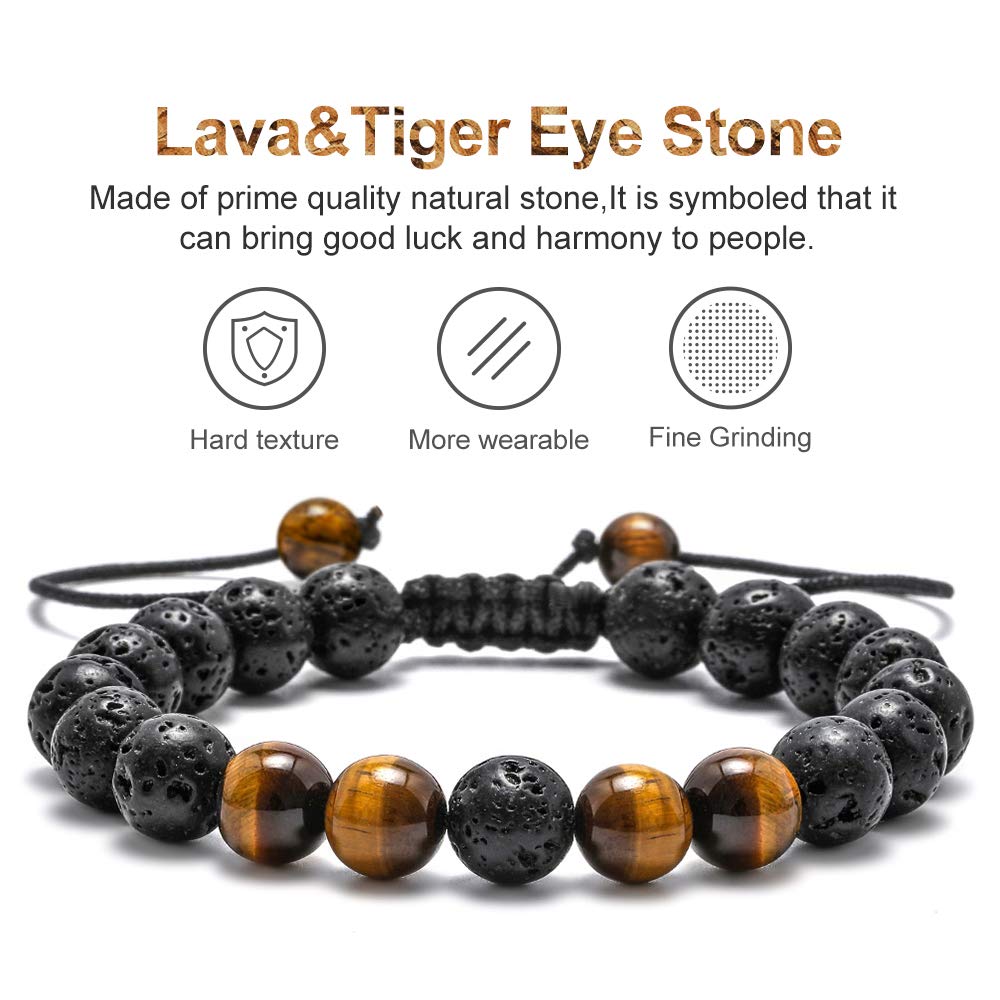 M MOOHAM Bracelets for Men Gifts - Beaded Lava Rock Tiger Eye Black Adjustable Bracelets for Mens Jewelry Gift