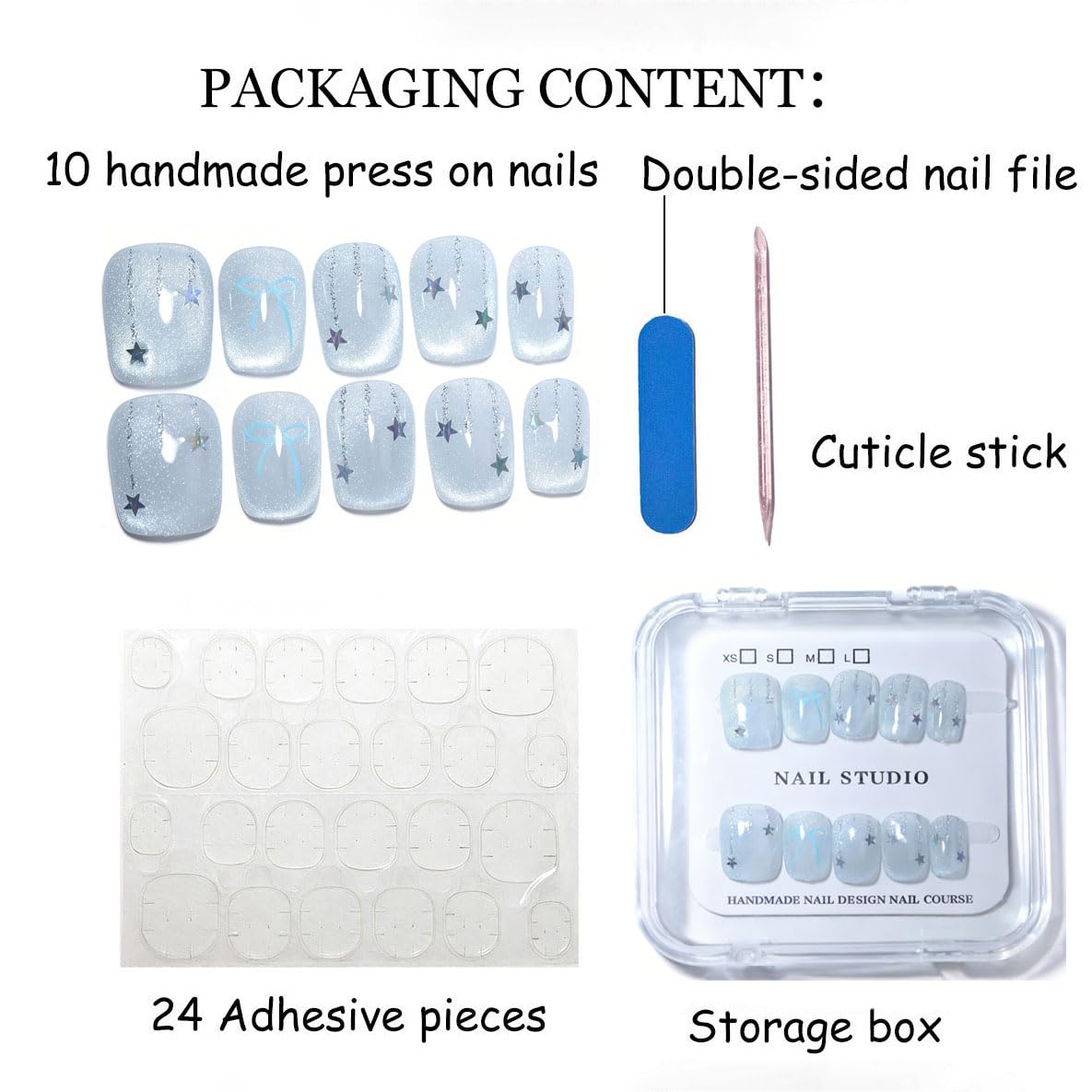 10 Pcs Short Square Handmade Press On Nails | Light Blue Bow & Iridescent Star Design | Reusable Easy Apply Salon-Quality Manicure for Women & Girls Daily & Party Wear (RR05, M)