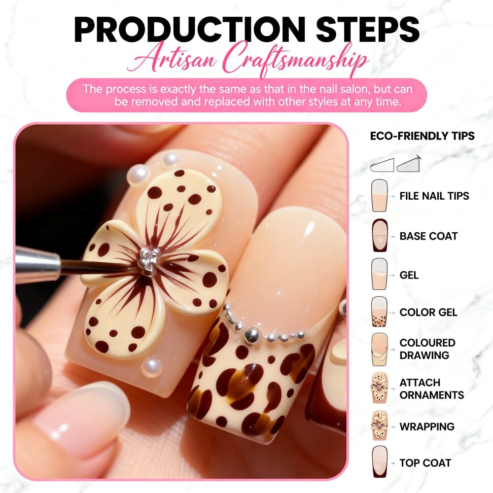 Vokupoga Medium Press on Nails Square Handmade Fake Nails French Tip False Nails with 3D Flower Pearl Designs Glossy Acrylic Nails for Women 10Pcs(Size M)