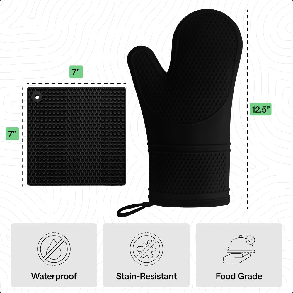 GORILLA GRIP BPA-Free Soft Silicone Oven Mitts and Pot Holders Sets of 4, Heat Resistant Waterproof Cooking Gloves, Thick Cotton Lining, Flexible Gripping for Baking Grilling, Kitchen Trivets, Black