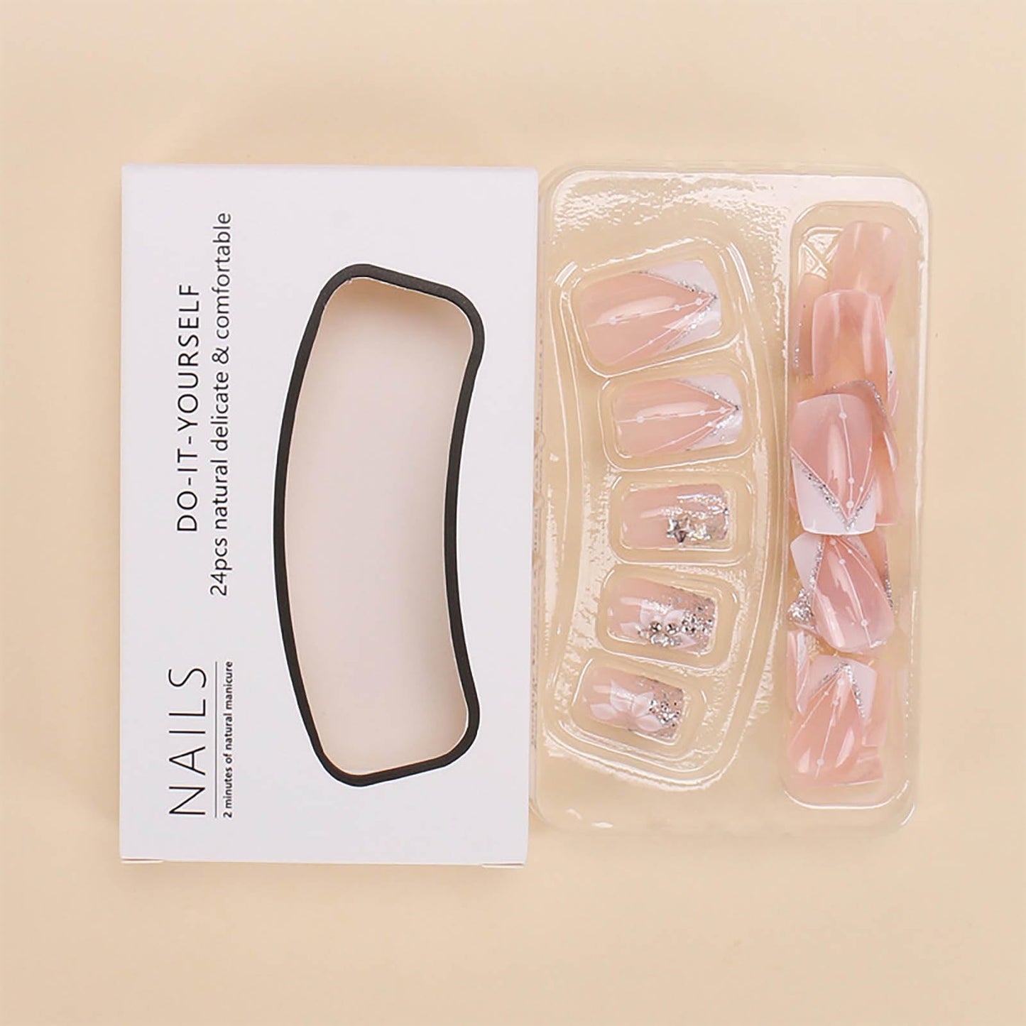 RUOKEXIN Square Press-on Nails - White French Tip Fake Nails with Glitter Designs, Medium Length, 24pcs