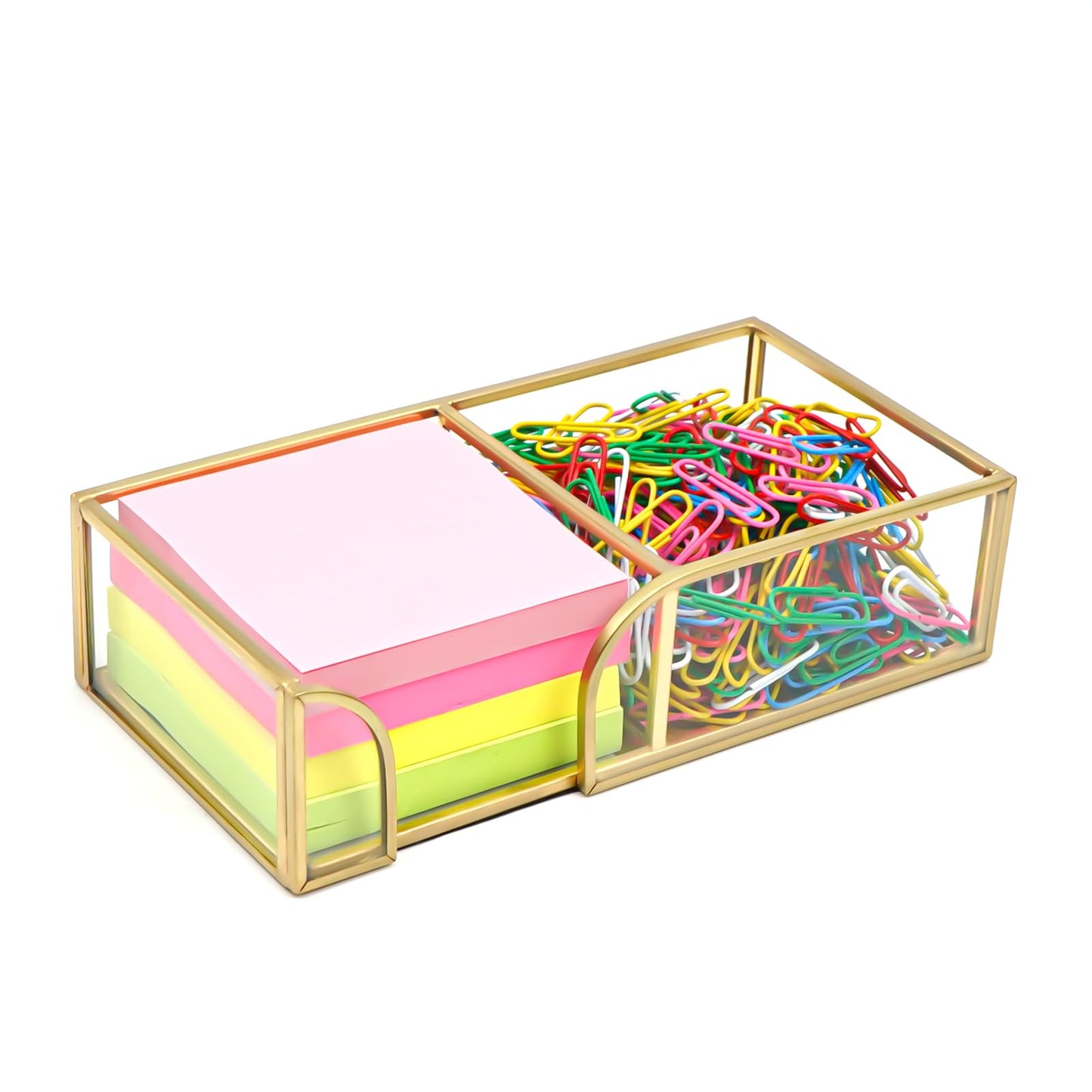 Shonmogar Glass Sticky Note Holder,2 Slots Gold Post It Note Dispenser for Desk,3 x 3 Inch Post It Note Holder, Stylish Sticky Note Dispenser for Home Office Desk Table Drawer