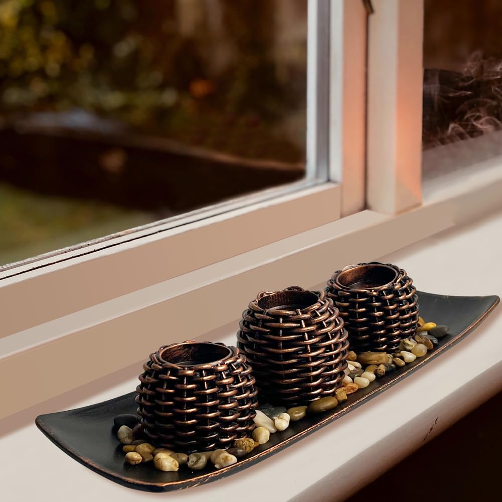 Coffee Table Decor, 3 Pieces Candle Holders with Tray and Rocks, Centerpiece Table Decorations for Living Room, Dining Room, Bedroom, Entryway Table Decor Thanksgiving Gift