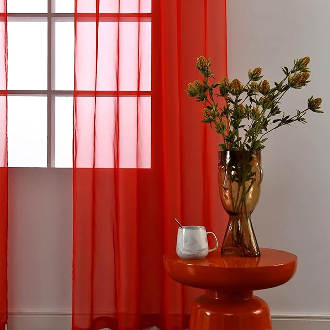 SpaceDresser Sheer Red Curtains 4 Panels Rod Pocket Semi-Sheer Curtain 63 Inches Long Light Filtering Voile Window Drapes for Bedroom Living Room Kitchen, Each 52W x 63L