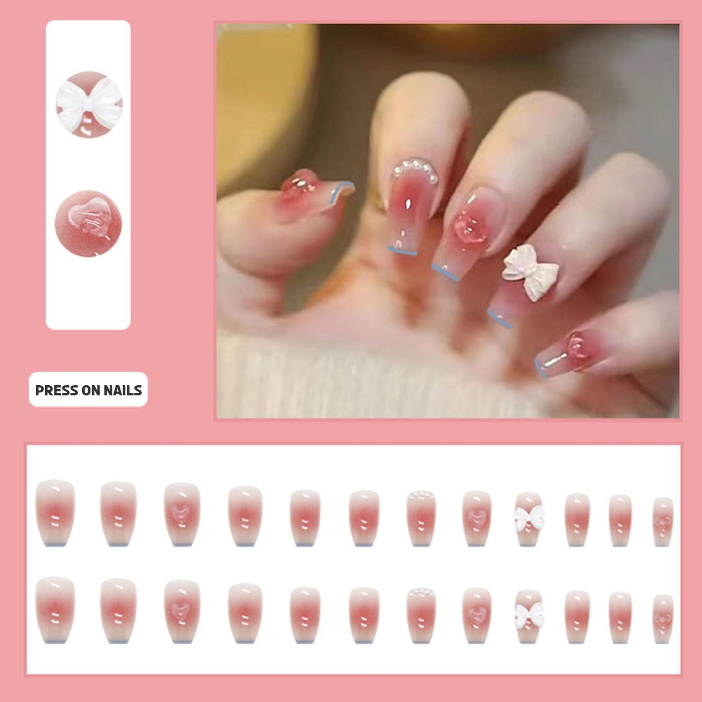 Hkanlre 3D Press on Nails Medium Fake Coffin Nails Tips Full Cover Luxury False Nails for Women and Girls 24PCS