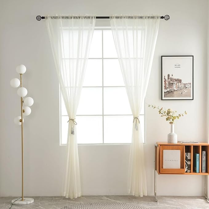 SpaceDresser Ivory Sheer Curtains 4 Panels Rod Pocket Semi-Sheer Curtain 108 Inches Long Light Filtering Voile Window Drapes for Bedroom Living Room Kitchen, Each 52W x 108L