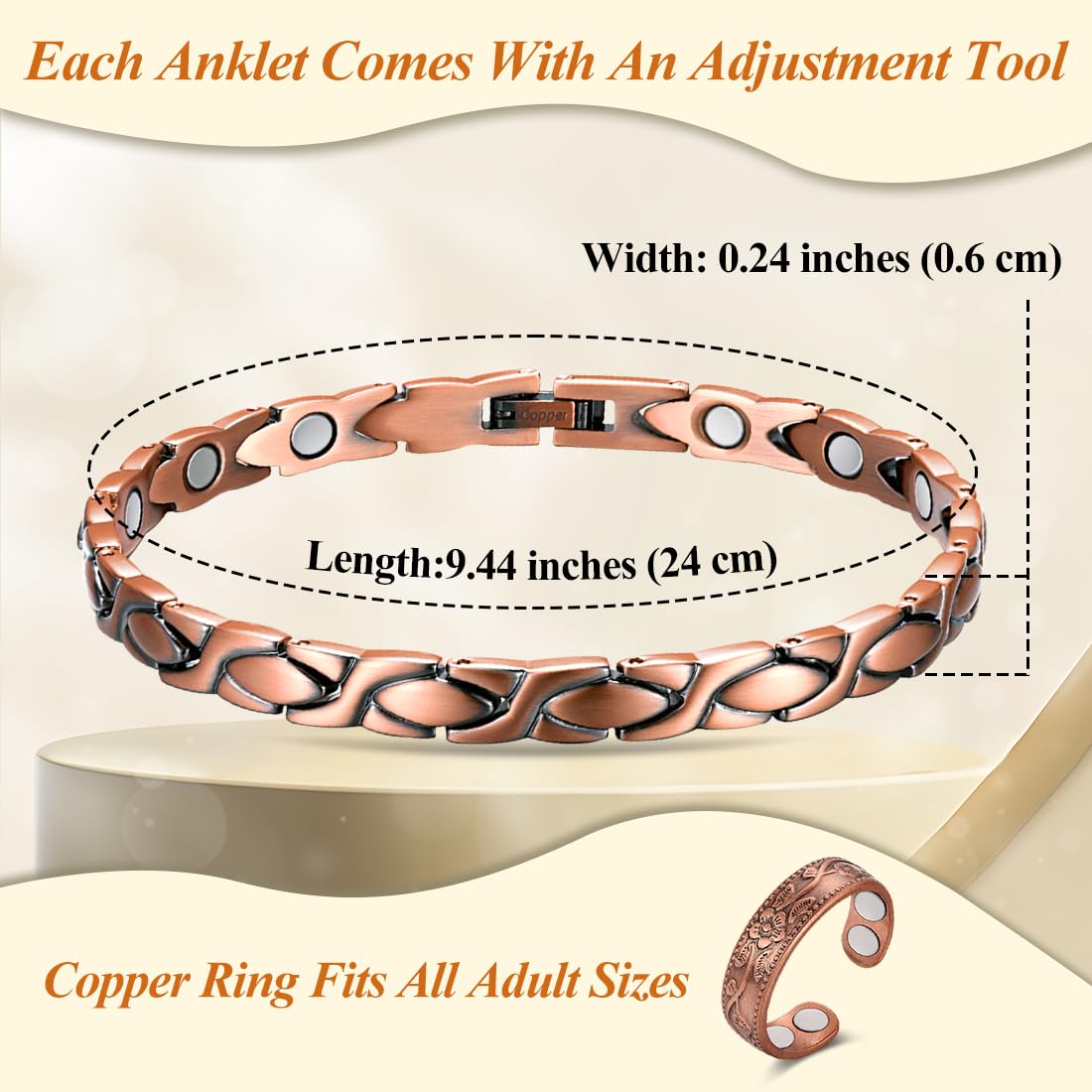 Vicmag Copper Anklet for Women Magnetic Ankle Bracelet with Ultra Strength Magnets 99.9% Solid Copper Gift for Her (Adjustable)