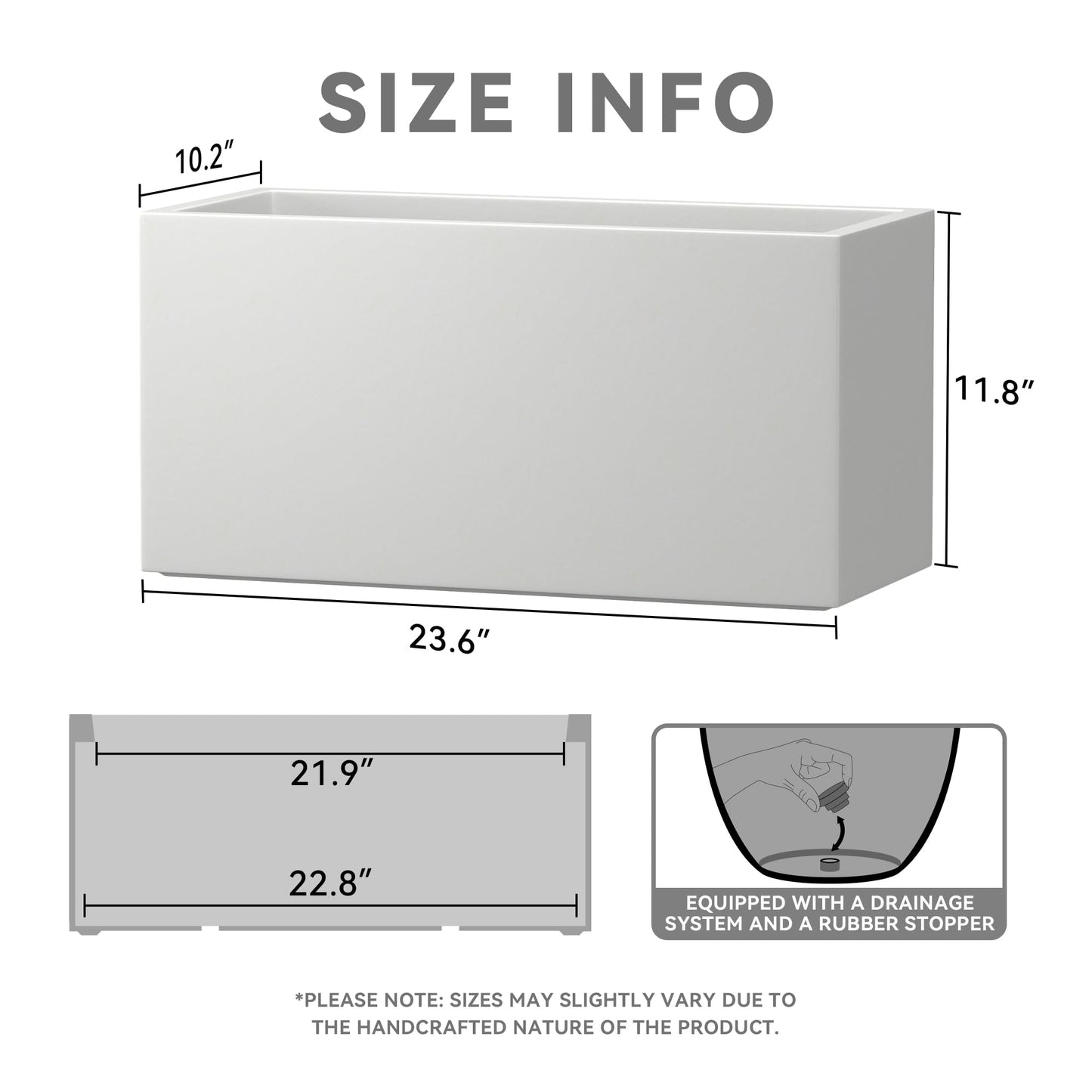 Kante 23.6" L Rectangular Concrete Planters, Outdoor Indoor Modern Plant Pot with Drainage Hole and Rubber Plug for Garden, Patio, Pure White Finish