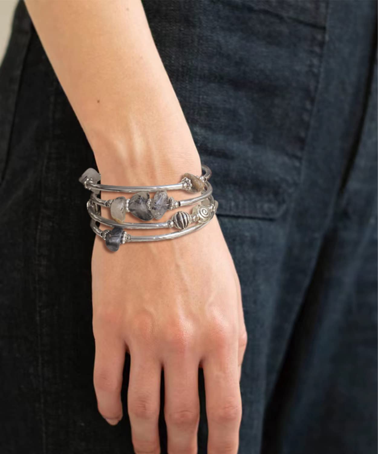 FULU AUTUMN Stone Silver Bangle Wrap Bracelet Boho Turquoise Crystal Chips Bead Bracelets Fashion Jewelry Birthday Gifts for Women(19-Grey)