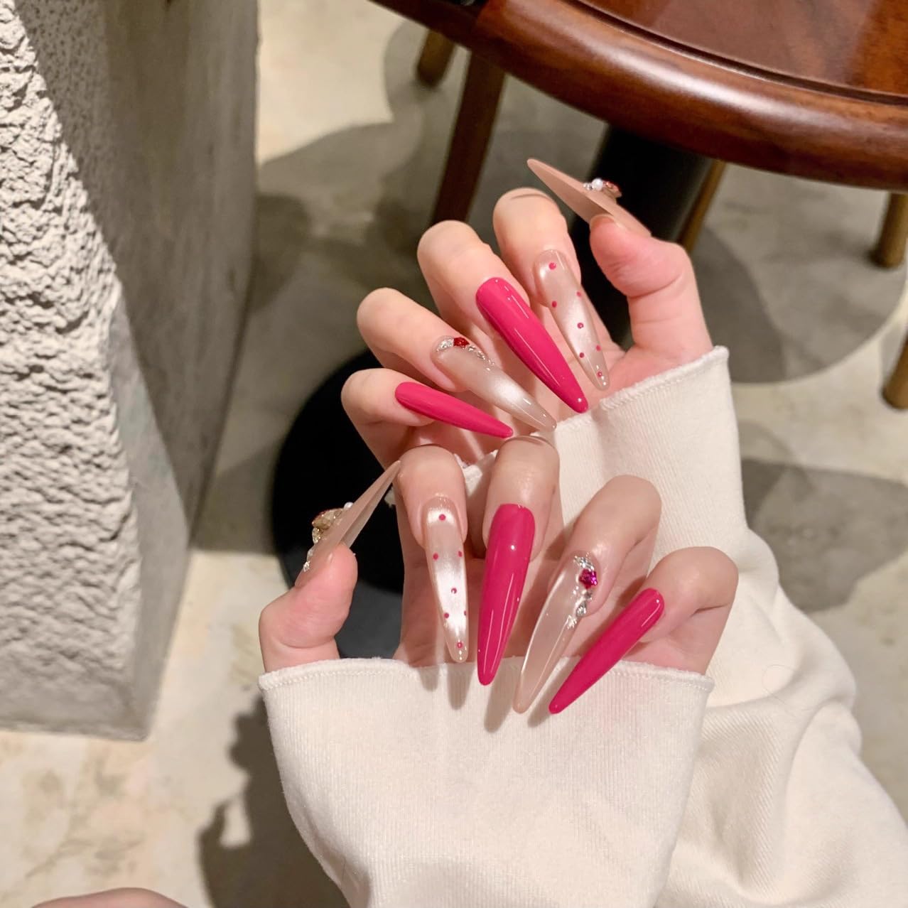 Glam Silver Coral Press On Nails, Heart Rhinestone Embellished Extra Long Stiletto Fake Nails, Reusable Manicure Set (L)