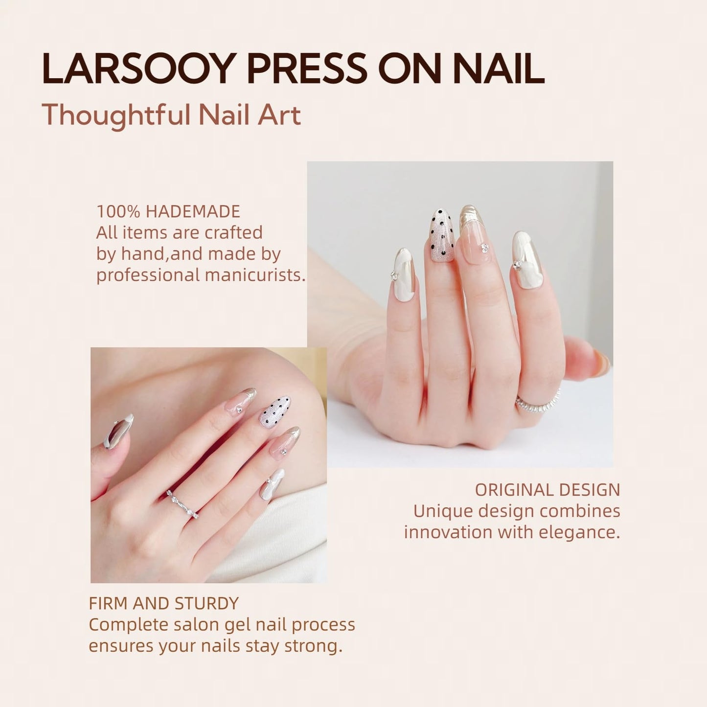 LARSOOY Nails Handmade Press on Nails Almond | Handmade Nails with Polka Dots Design | Reusable Fake Nails for Cool Girls | False Nails 10 Pcs(Golden Toe Shoe, S)