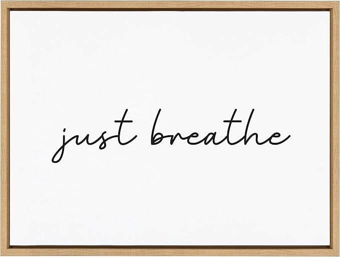 Kate and Laurel Sylvie Just Breathe Horizontal BW Framed Canvas Wall Art by The Creative Bunch Studio, 18x24 Natural, Self Care Art, Calming Wall Décor