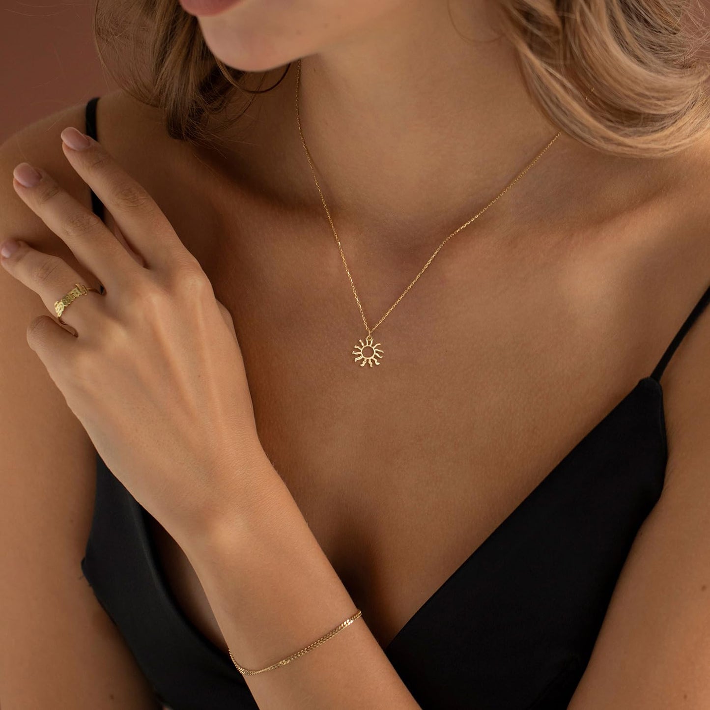 BSGRL Gold Necklace: 14K Gold Plated Dainty Sun Pendant Little Sun Solar Light Necklace for Women 16.5”+2” ext