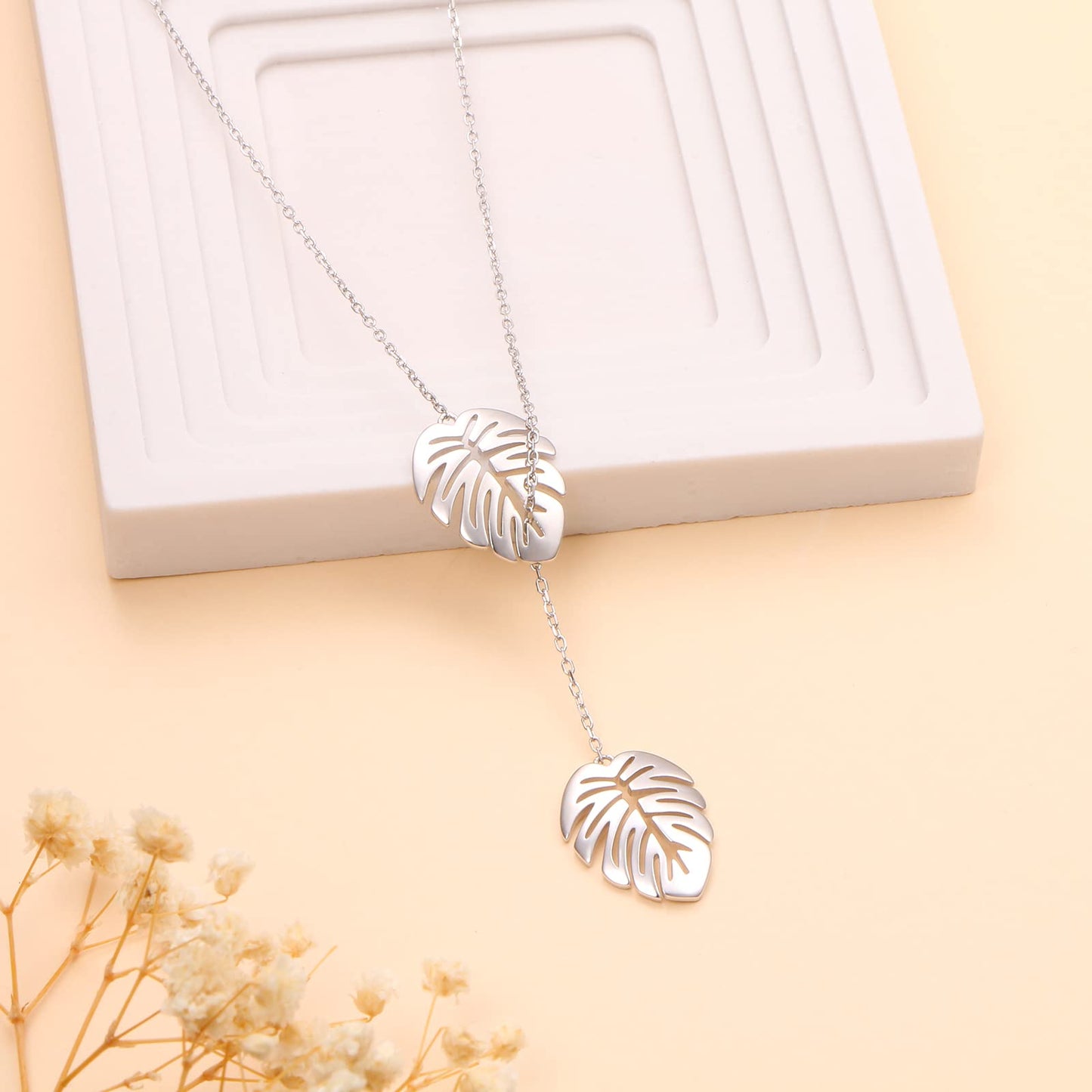 DAOCHONG Monstera Palm Leaf Y Shaped Lariat Necklace Sterling Silver Palm Leaf Lariat Long Chain Drop Adjustable Necklace Layered Necklace 30"