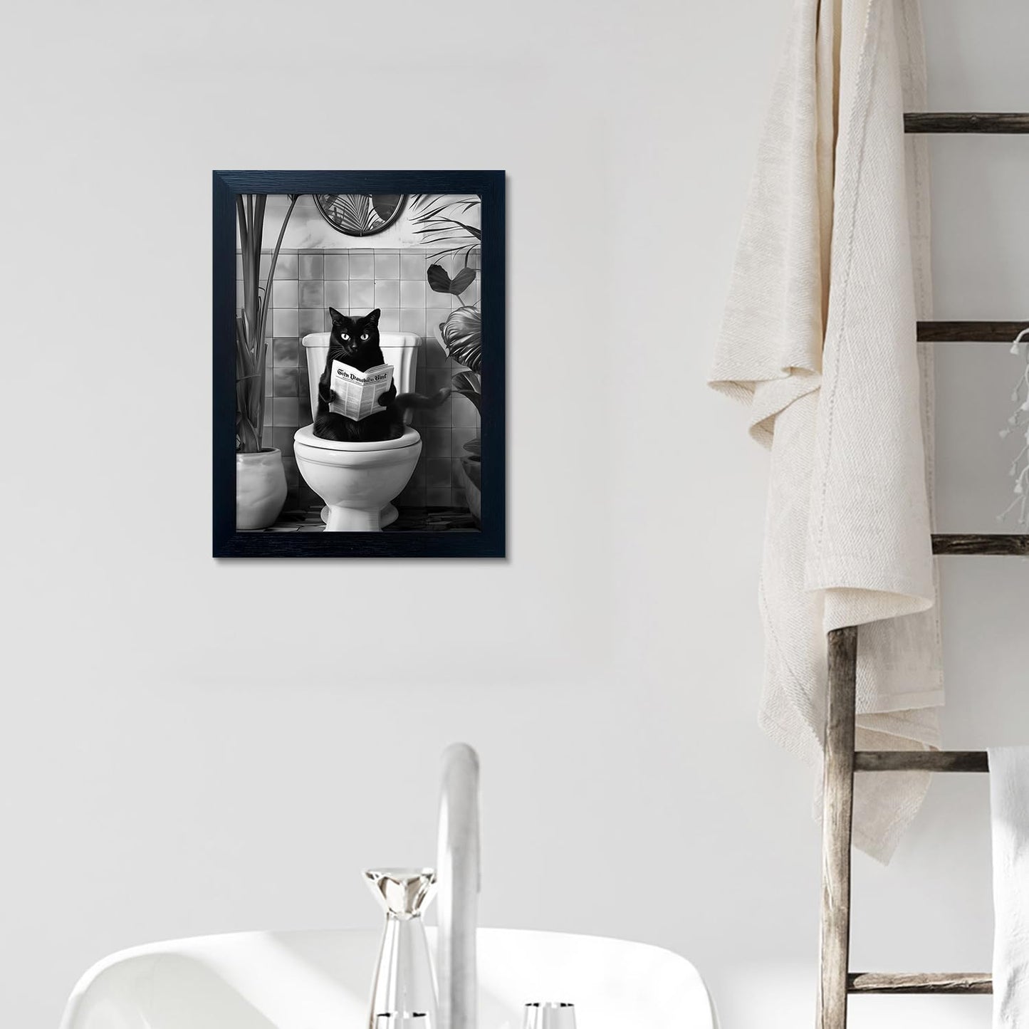 Black and White Bathroom Wall Decor Funny Black Cat Sitting on Toilet Reading Newspaper Humorous Bathroom Wall Art Small Framed Animal Canvas Print Artwork