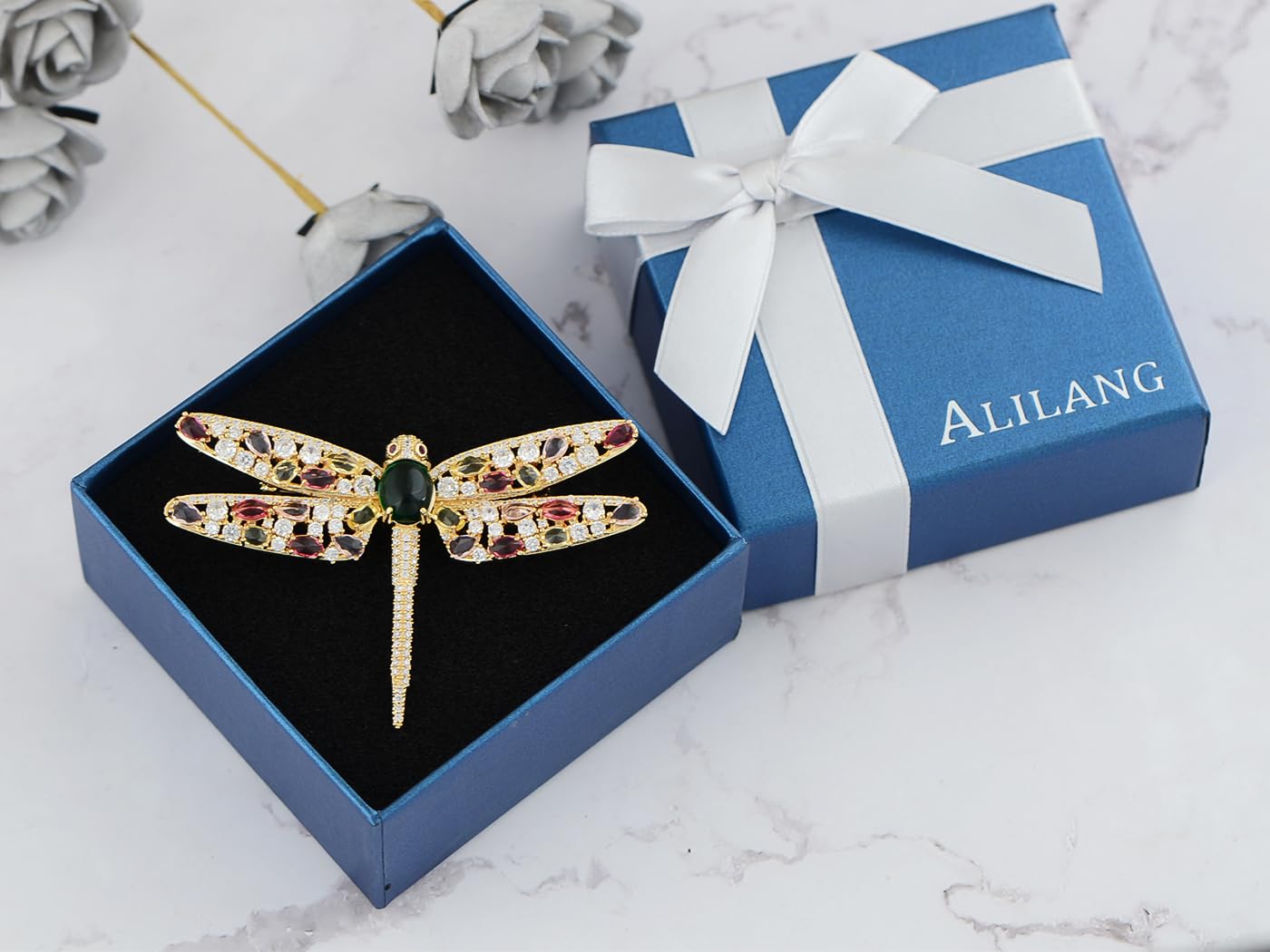 Alilang Multicolor Rhinestone Crystal Dragonfly Brooch Pin Green Gemstone Insect Pin, Pink