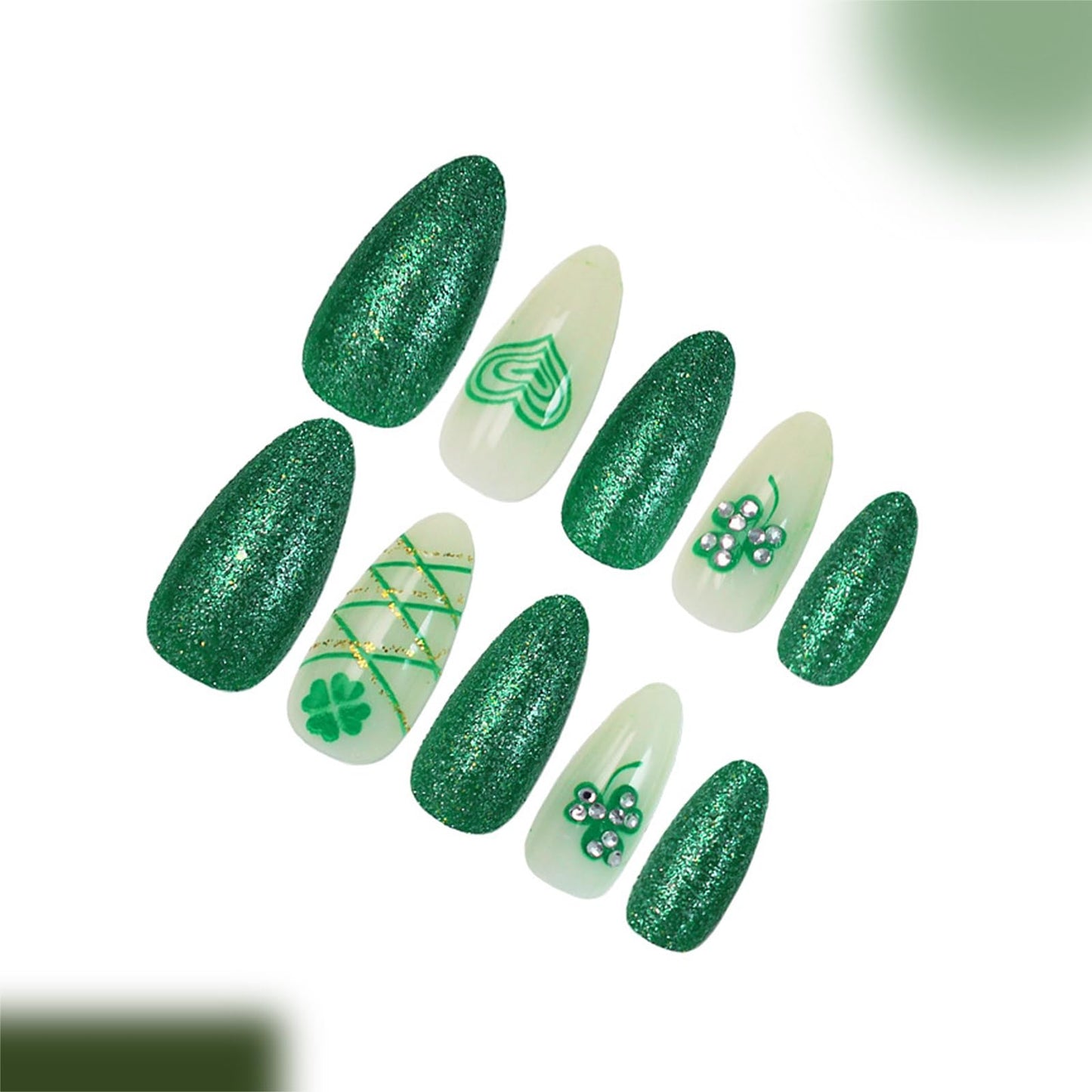 St. Patrick's Day Glitter Press on Nails Medium Almond Fake Nails Four-Leaf Clover with Rhinestones False Nails Glitter Hearts Shamrock Acrylic Stick on for Women Irish Manicure Decoration 24Pcs