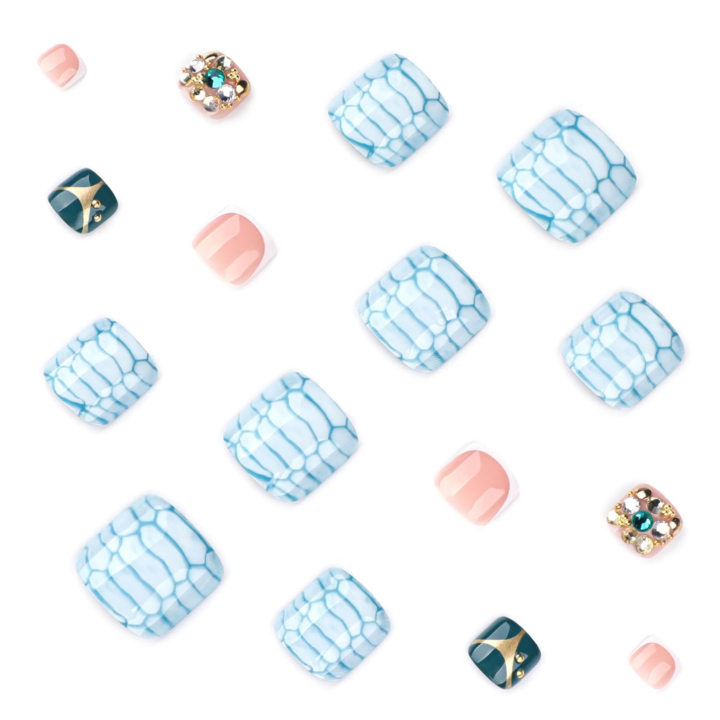 IMRAIN Press on Toenails - Blue Crocodile Print | Nude Fake Toe Nails with Rhinestone Designs Full Cover Glossy Handmade False Toe Nails 24Pcs
