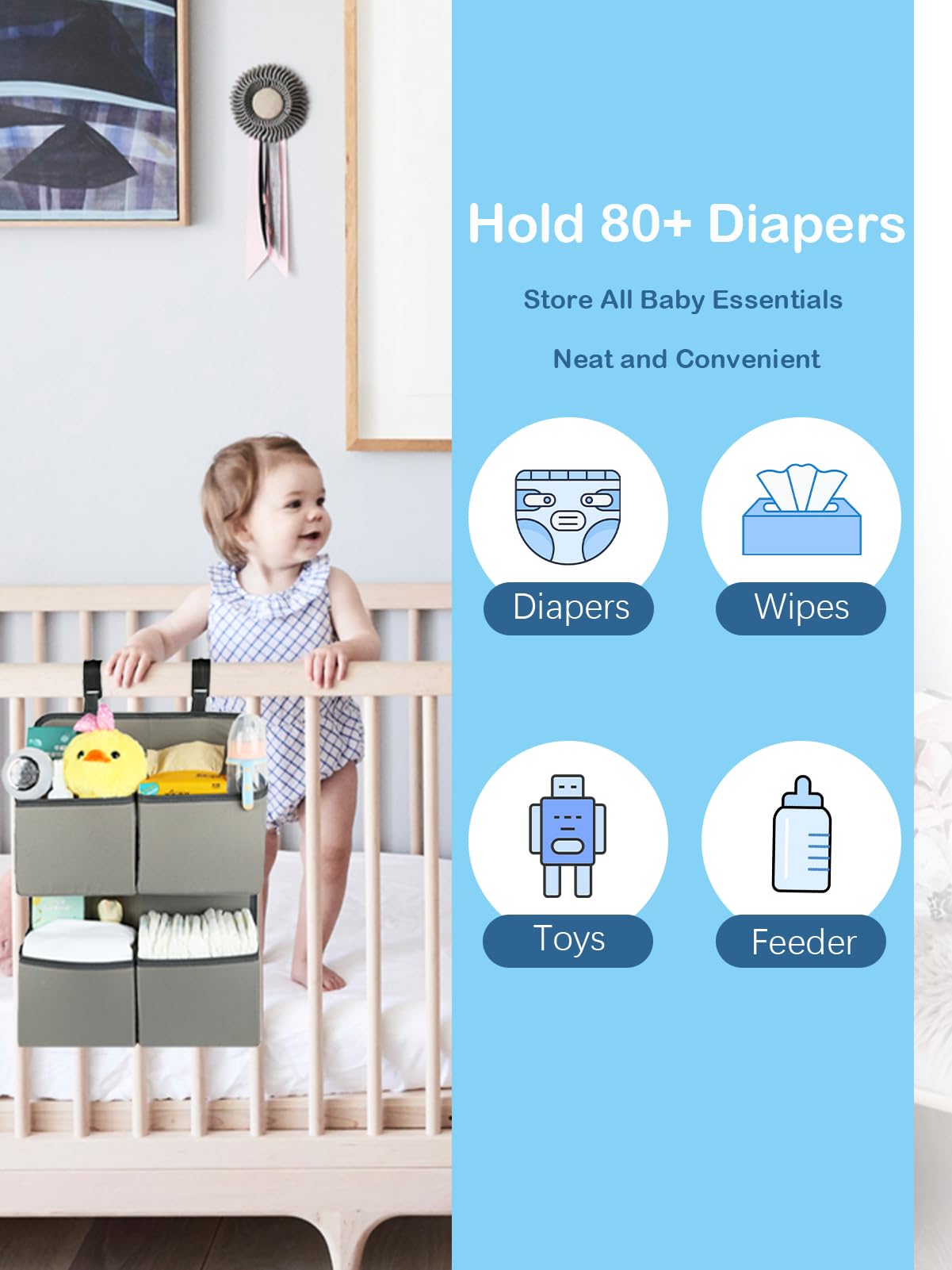 KIKJOK Hanging Diaper Organizer for Crib/Playpen/Bassinet – Hold 80+ Diapers - 4 Deep Pockets-H19in x L15 in Changing Table Diaper Holder - Hanging Diaper Storage Stacker Nursery Caddy - Gray