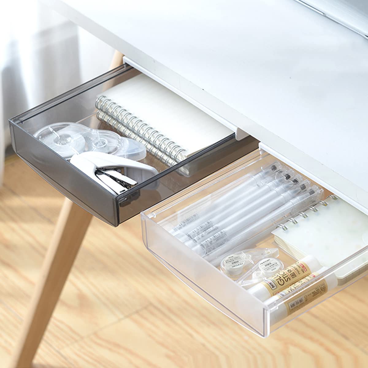 OSPNIEEK Self-adhesive Under Desk Drawer Organizer, 2 Pack Table Hidden Slide Out Large Storage Mounted Desktop Pencil Holder Tray Drawers for Office Home School Stationery Kitchen (Large, Black)