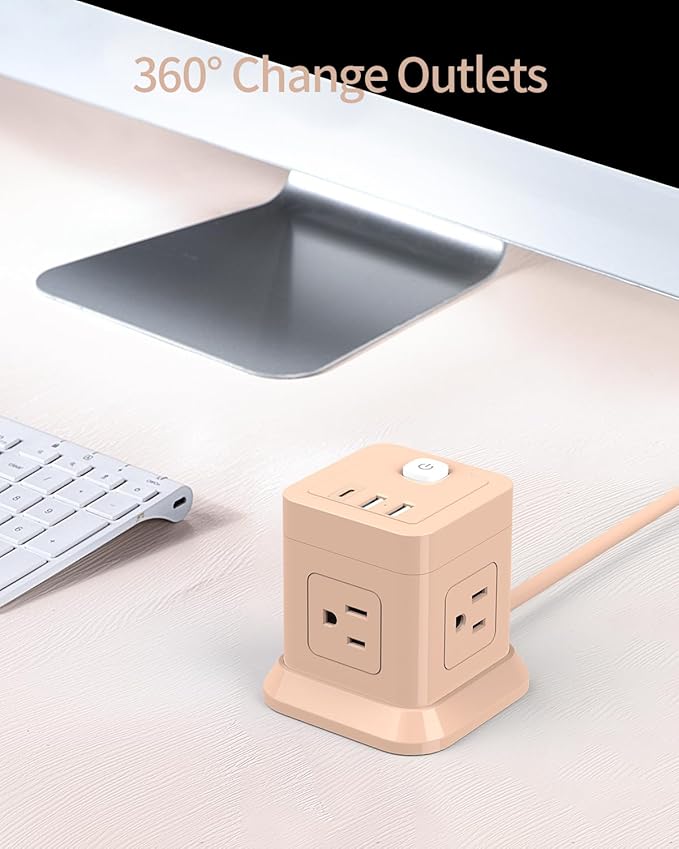 Cube Power Strip, FDTEK 4 Widely Spaced Outlet with 3 USB (1 USB C) Flat Plug Power Strips with Long Extension Cords Space Save Compact Portable for Travel Home Office Cruise (Pink)