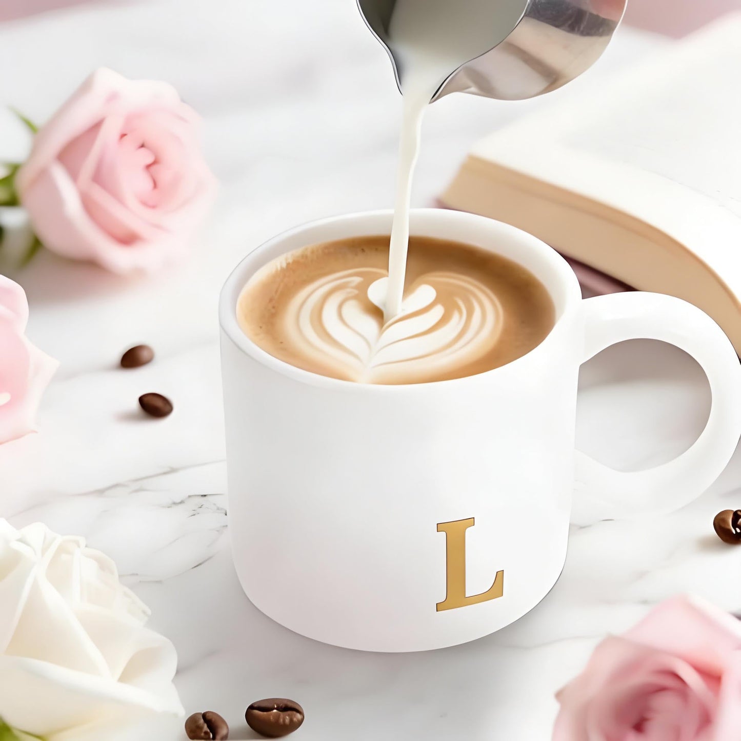 RainVibe Elegant Gift Set for Women – Personalized Monogram Ceramic Mug & Jewelry Tray – 12 oz Gold-Initial Coffee Cup with Gift Box, 4.75" Decorative Dish for Rings, Earrings, Keys (Letter L)