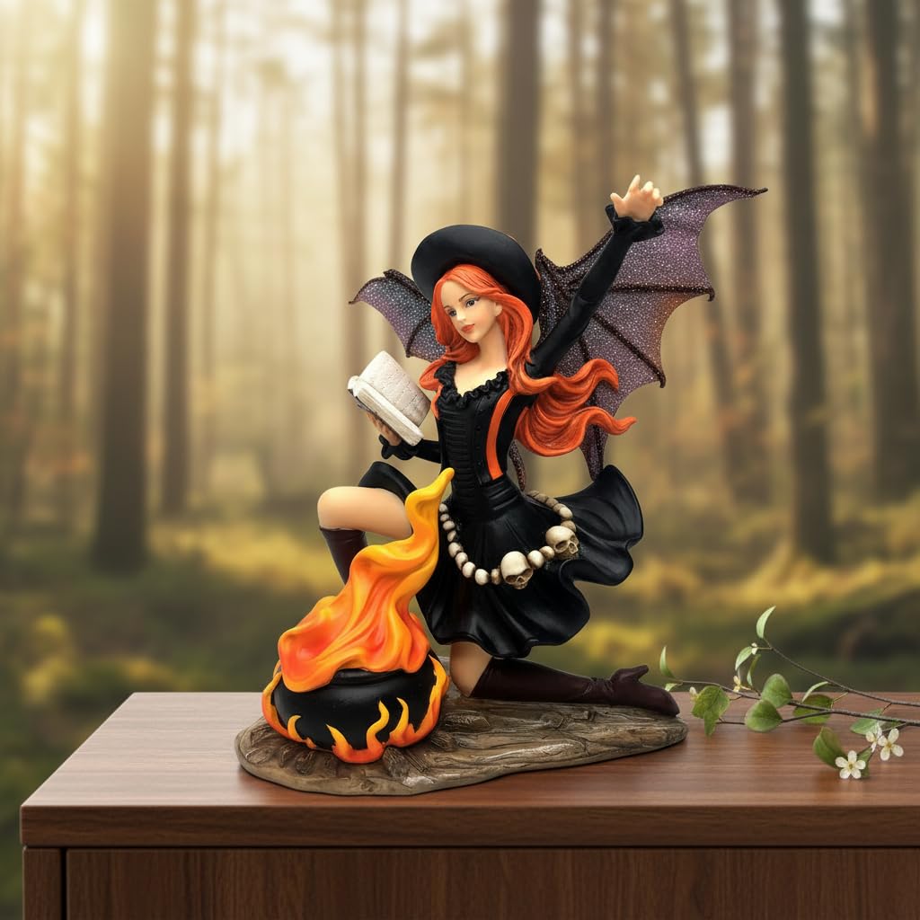 Comfy Hour 9" Gothic Fairy Witch Figurine with Owl and Cauldron, Fantasy Sorceress Reading Book Statue, Mystical Halloween Indoor Decor Accent, Polyresin Artisan Crafted Sculpture, 1 Unit