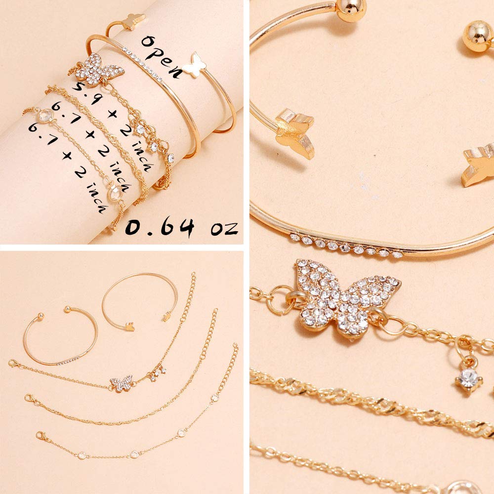IFKM 6 PACK (24 PCS) Boho Gold Chain Bracelets Set for Women, 14K Gold Plated Multiple Layered Stackable Open Cuff Wrap Adjustable Link Italian Cuban Jewelry Gift