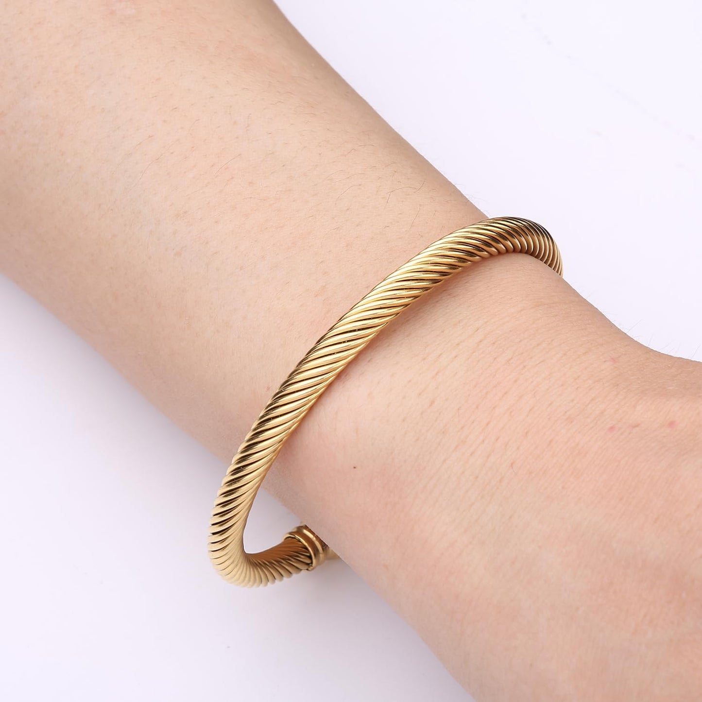 Adjustable C-Shape Open Cuff Bangle, Twisted Cable Bracelet for Men & Women, Chic Stainless Steel Unisex Jewelry Gift for Him Her, Unique Anniversary Present (Gold)