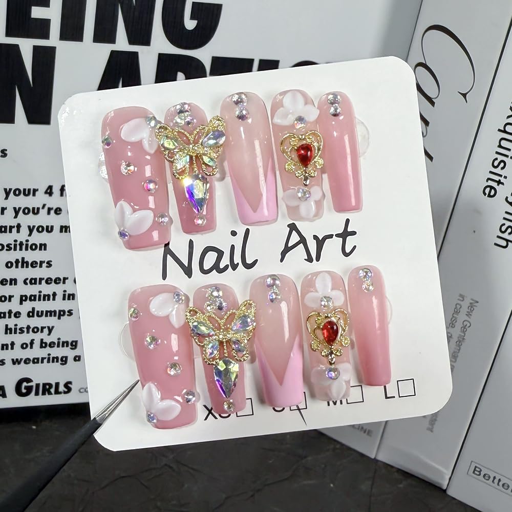 Handmade Press on Nails Long Coffin Fake Nails with 3D Butterfly Rhinestones Designs False Nail Pink Sparkly Acrylic Nails French Tip for Women 10pcs (Size M）