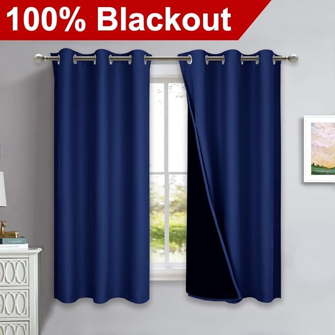 NICETOWN 100% Blackout Curtains 54 inches Long, Royal Blue, 1 Pair, 42 inches Width Each Panel, Double-Deck Completely Blackout Window Treatment Thermal Insulated Lined Drapes for Small Window