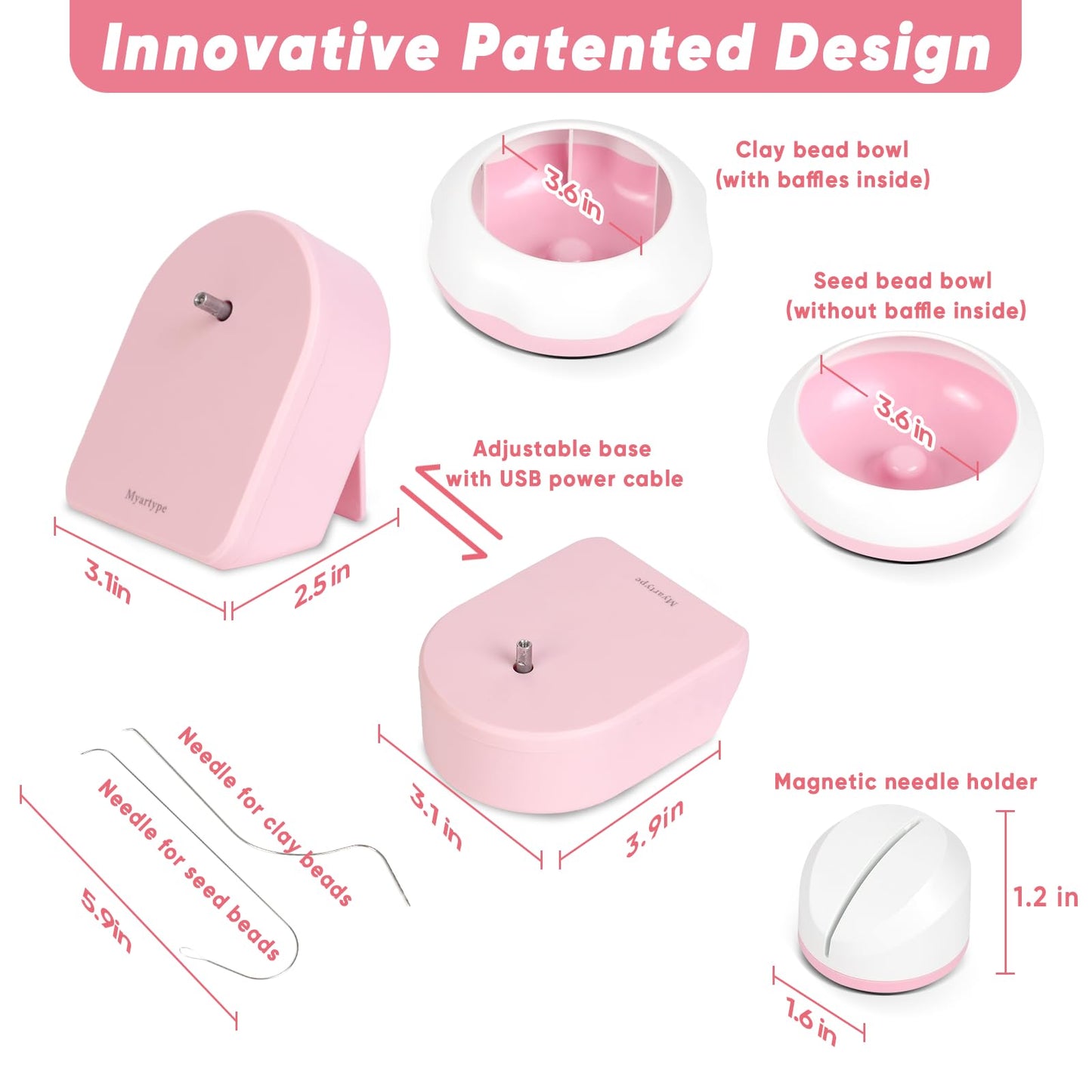 Myartype Clay Bead Spinner and Seed Bead Spinner, 2-in-1 Electric Bead Spinner for Jewelry Making, Bracelet Spinner and Necklace Making Machine with Needles and Thread (Pink), (Beads Not Included)
