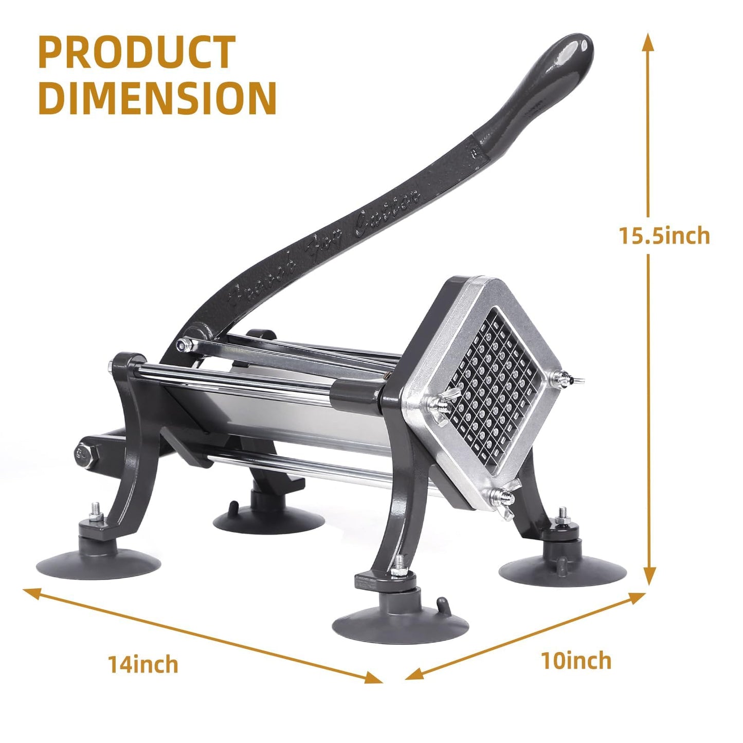 French Fry Cutter Commercial Grade Potato Slicer with Stand Suction Feet Complete Set, Includes 1/4", 3/8", 1/2", 2 Pieces L Stand