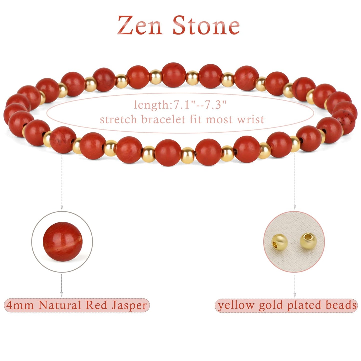 QOGIR Red Jasper - Zen Stone - 14K Gold Plated Beads Natural Gemstone Stretch Elastic Dainty Healing Beaded Bracelets Gifts 4mm