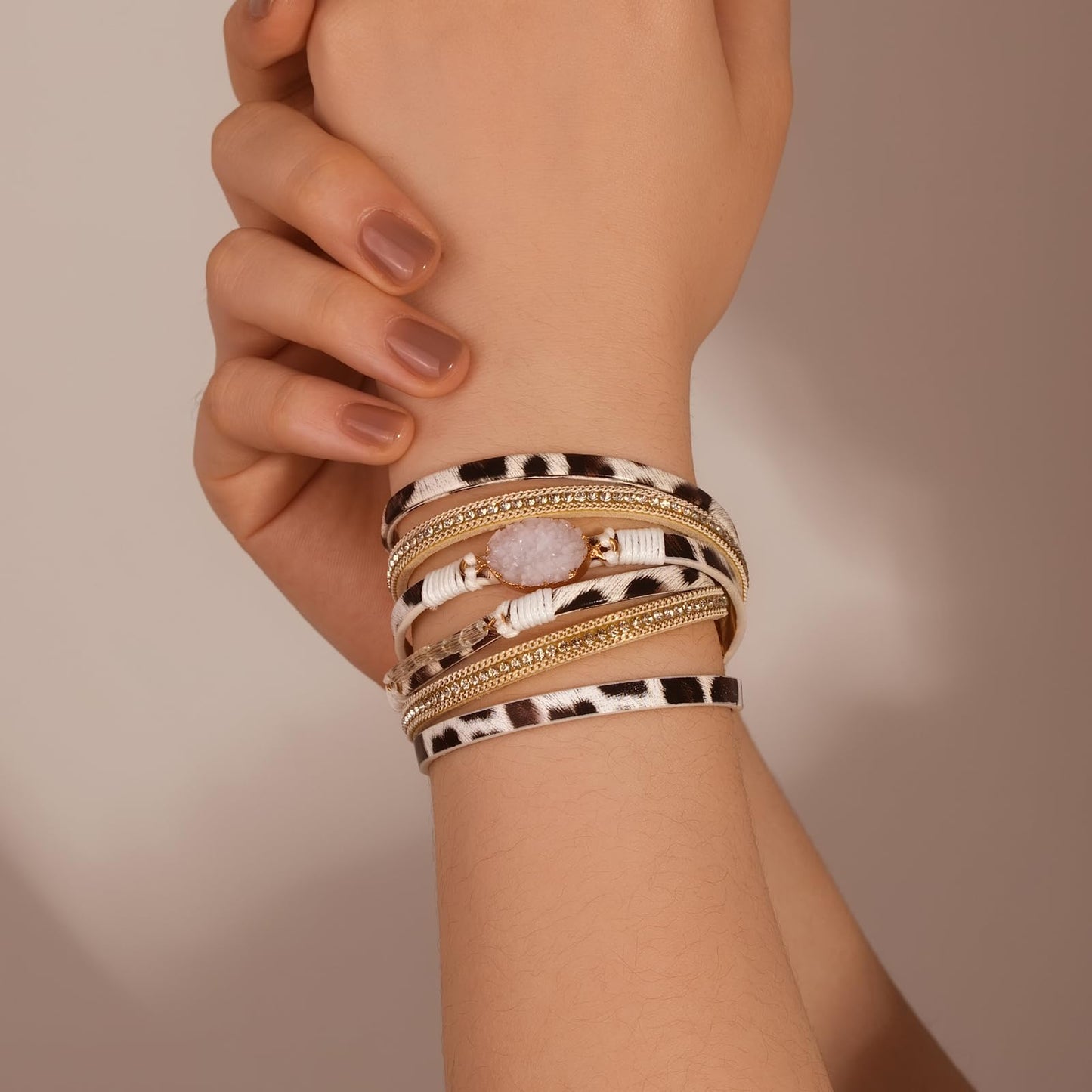 FANCY SHINY Boho Leather Wrap Bracelet Stackable Chunky Crystal Cuff Bracelets with Magnetic Clasp Cowboy Cowgirl Western Summer Beach Outfits Jewelry Gifts for Women (14.7", Zebra)