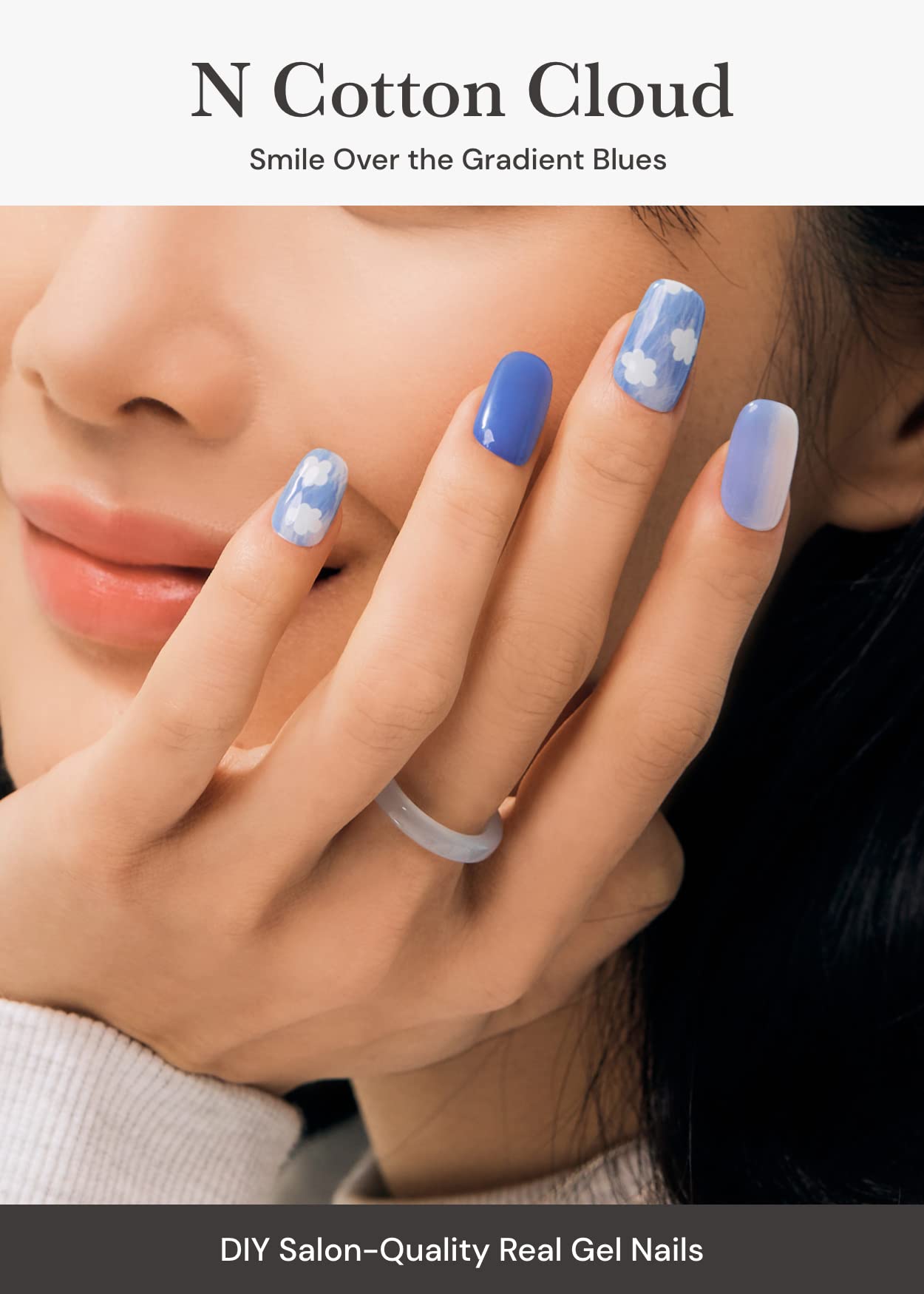 ohora Semi Cured Gel Nail Strips (N Cotton Cloud) - Blue, Patterned, Works with UV/LED Lamps, Salon-Quality, Long Lasting, Easy to Apply & Remove - Includes 2 Prep Pads, Nail File & Wooden Stick