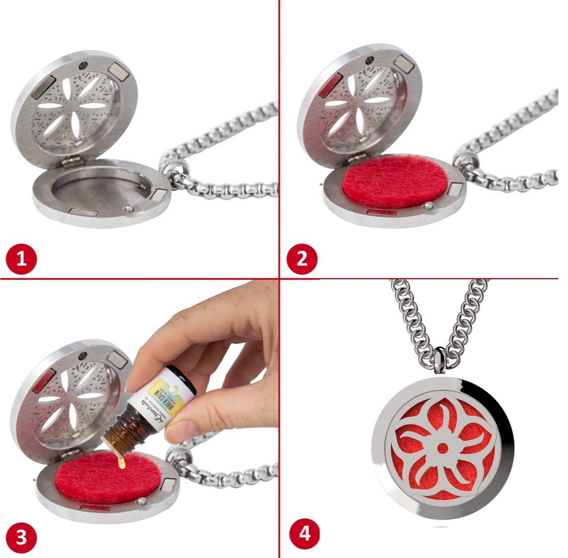 Wild Essentials Lotus Flower Essential Oil Diffuser Necklace, Stainless Steel Locket Pendant with 24 inch Chain, 12 Color Refill Pads, Customizable Color Changing Perfume Jewelry for Aromatherapy