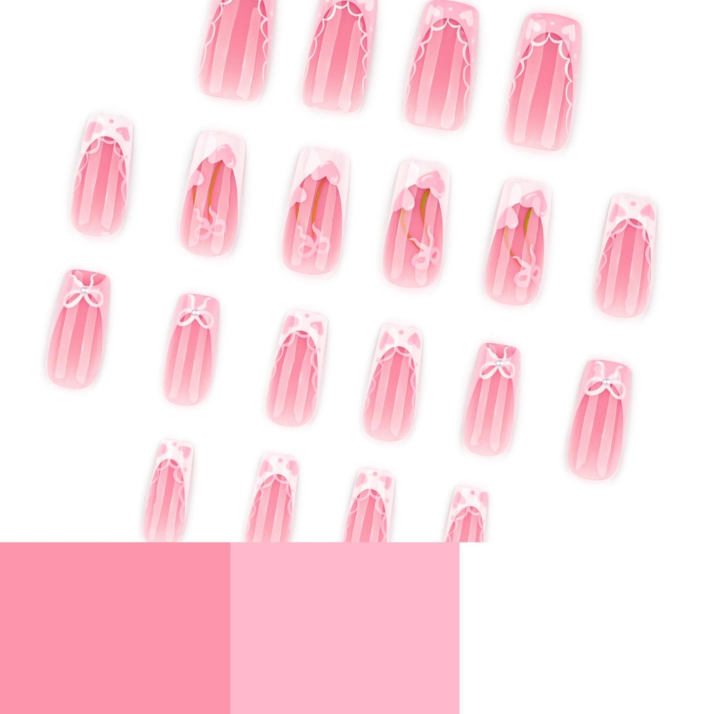 French Tip Press on Nails Medium Square Fake Nails Pink Bow Heart False Nails Glossy Lace Acrylic Nails Cute Reusable Full Cover Glue on Nails for Women Manicure 24Pcs