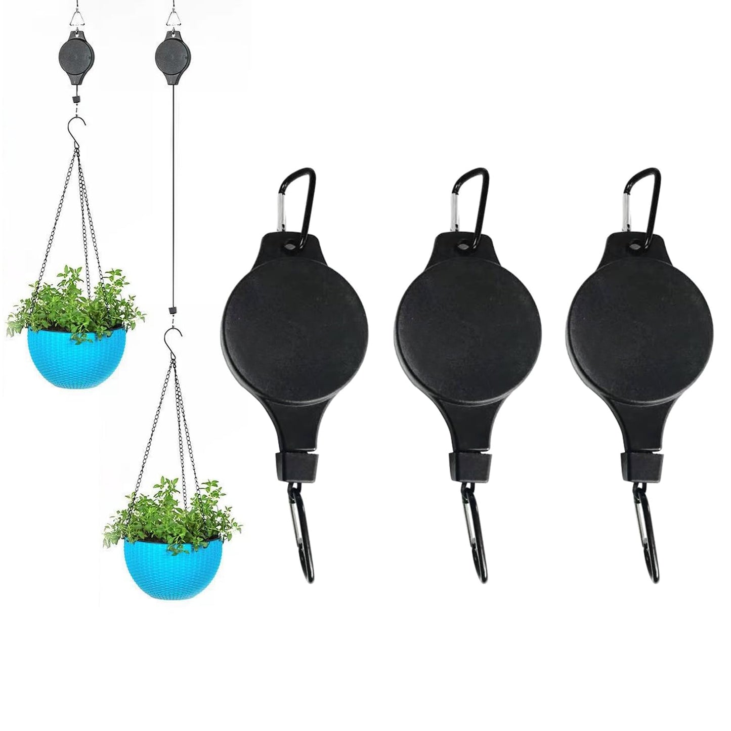 HOGXUAE 3Pack Retractable Plant Hanger Pulley System with Adjustable Rope Clips-Heavy-Duty for Indoor & Sheltered Outdoor Use(Max 15kg)