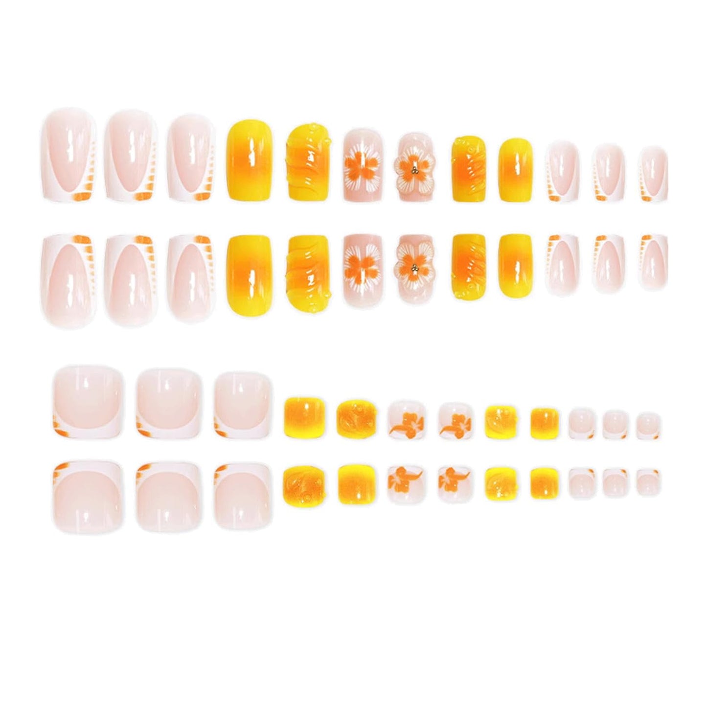 3D flower Press On Nails Short Square & Press On Toenails Set Yellow Fake Nails French Tip Acrylic Nails Kit Spring Nails Press Ons glossy Stick On Toenails For Women Girls Manicure 48 Pcs