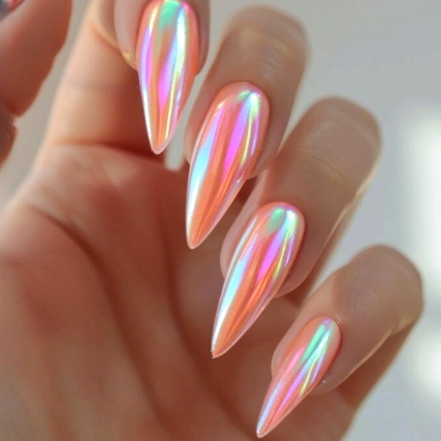 24Pcs Chrome Press on Nails Medium Almond Fake Nails Pink Aurora False Nails Glossy Quality Nail Tips Full Cover Glue on Nail Cute Acrylic Stick on Nails for Women Quick Manicure Kit