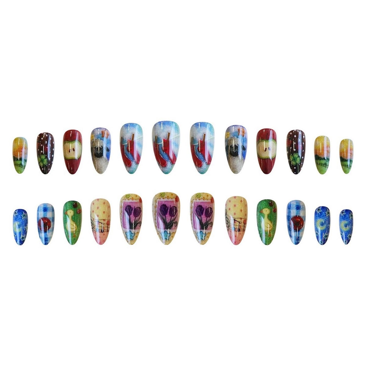 Press on Nails Medium Almond SWEKKE Fake Nails False Nails with Colored Pencil Drawing Designs Flower Duck Moon Glossy Glue on Nail Full Cover Acrylic Nail for Women Girls 24Pcs